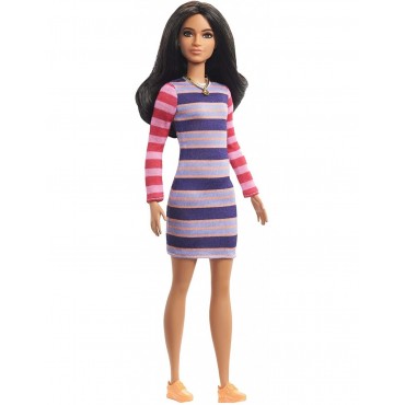 Barbie Fashionistas Κούκλα Num 147 Original Μελαχρινή Κούκλα Με Φόρεμα Striped Dress FBR37